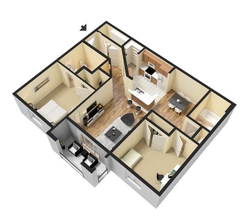 Floor plan for 2 beds, 2 baths, 1029 sqft